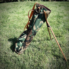 Load image into Gallery viewer, Woodland Camo Cordura/Orange/English Tan Leather Trim Sunday Golf Bag