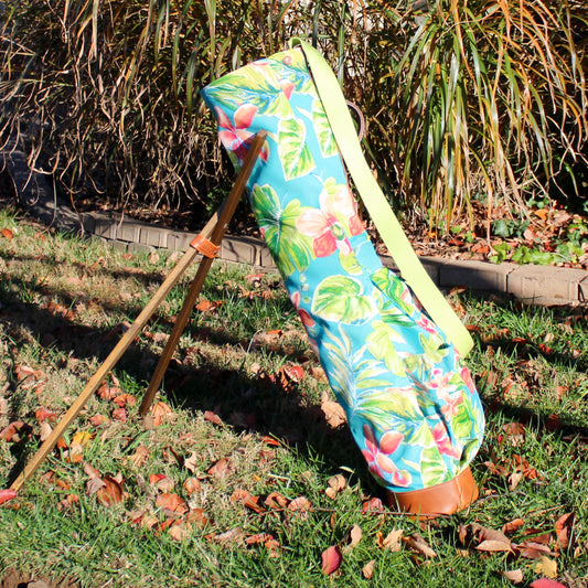 Lagoon Tropical Floral, Lime Green Strap & Saddle Heritage Leather with Exterior Pocket