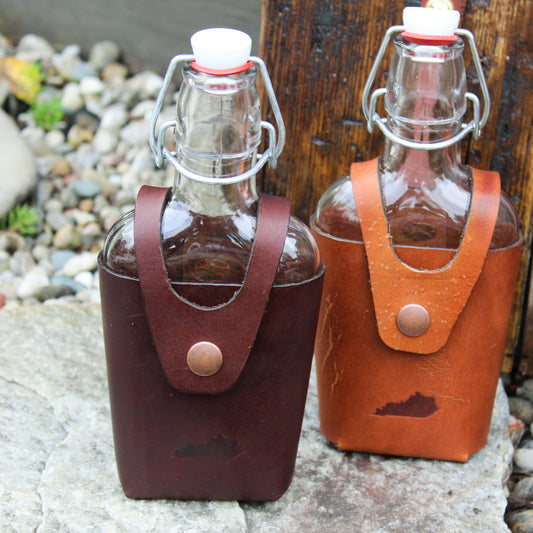 Steurer & Co. Leather Wrapped Glass Flask, Leather Flask, Made in USA, Made in Kentucky
