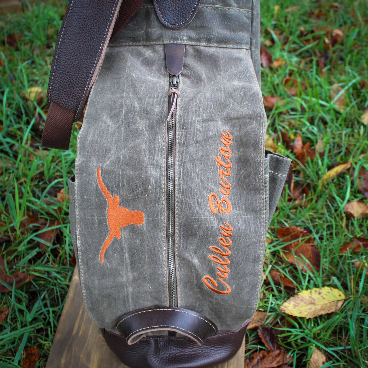 Field Tan Waxed Duck/Brown/Bison Leather Trim/Embroidered Sunday Golf Bag