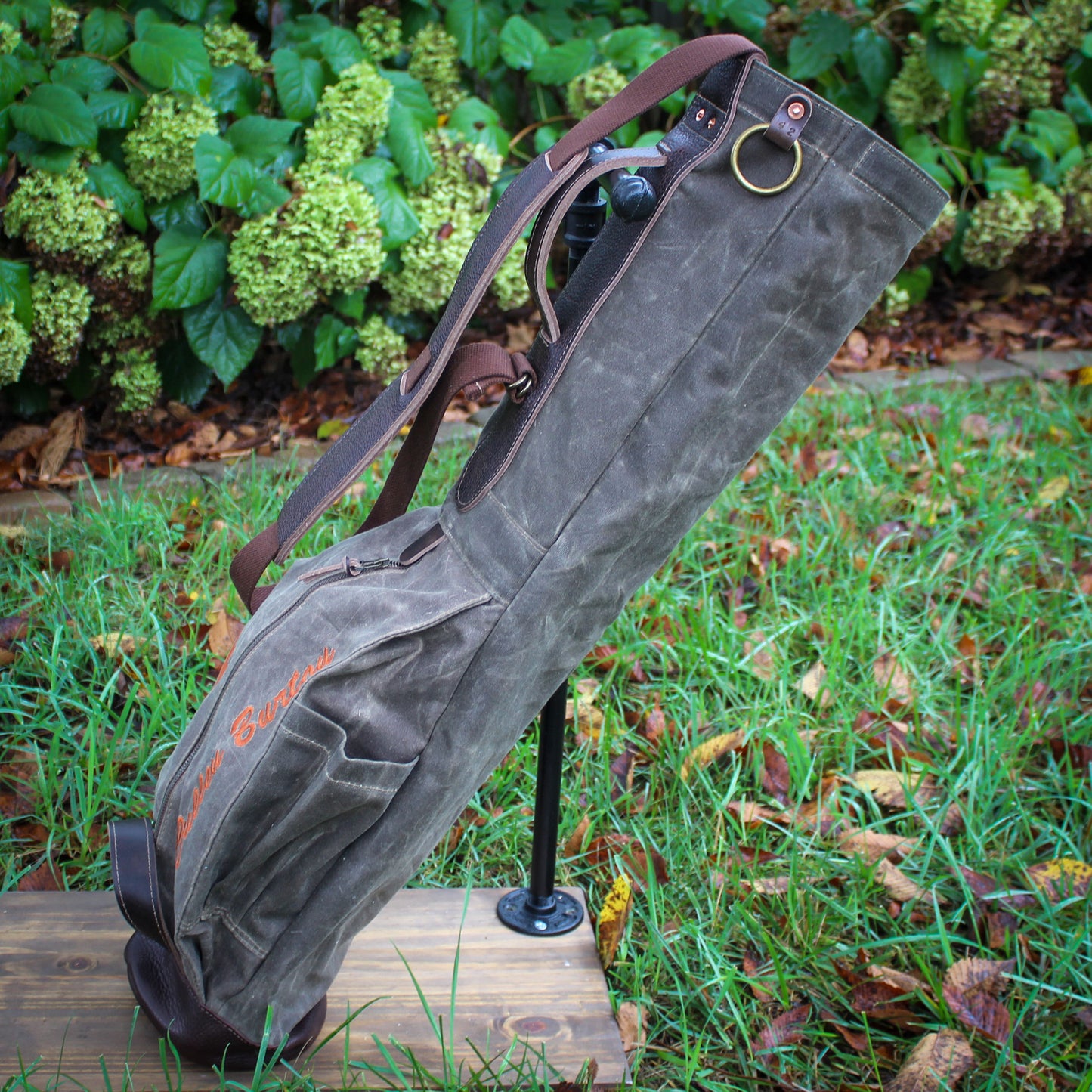 Field Tan Waxed Duck/Brown/Bison Leather Trim/Embroidered Sunday Golf Bag