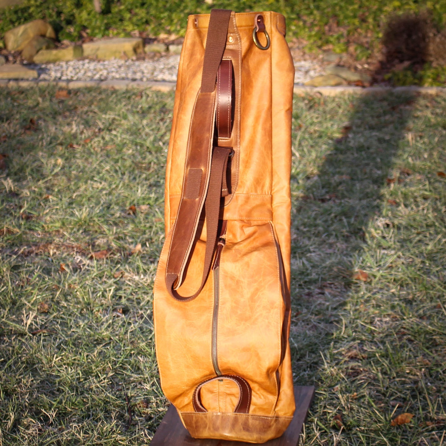 Acorn Bison Garment Leather/Brown/English Tan Leather Trim Sunday Golf Bag