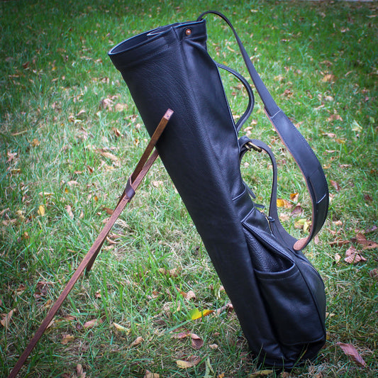 Black Bison Garment Leather, Black Leather Trim & Strap Sunday Golf Bag