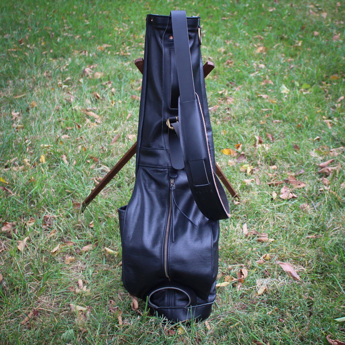 Black Bison Garment Leather, Black Leather Trim & Strap Sunday Golf Bag