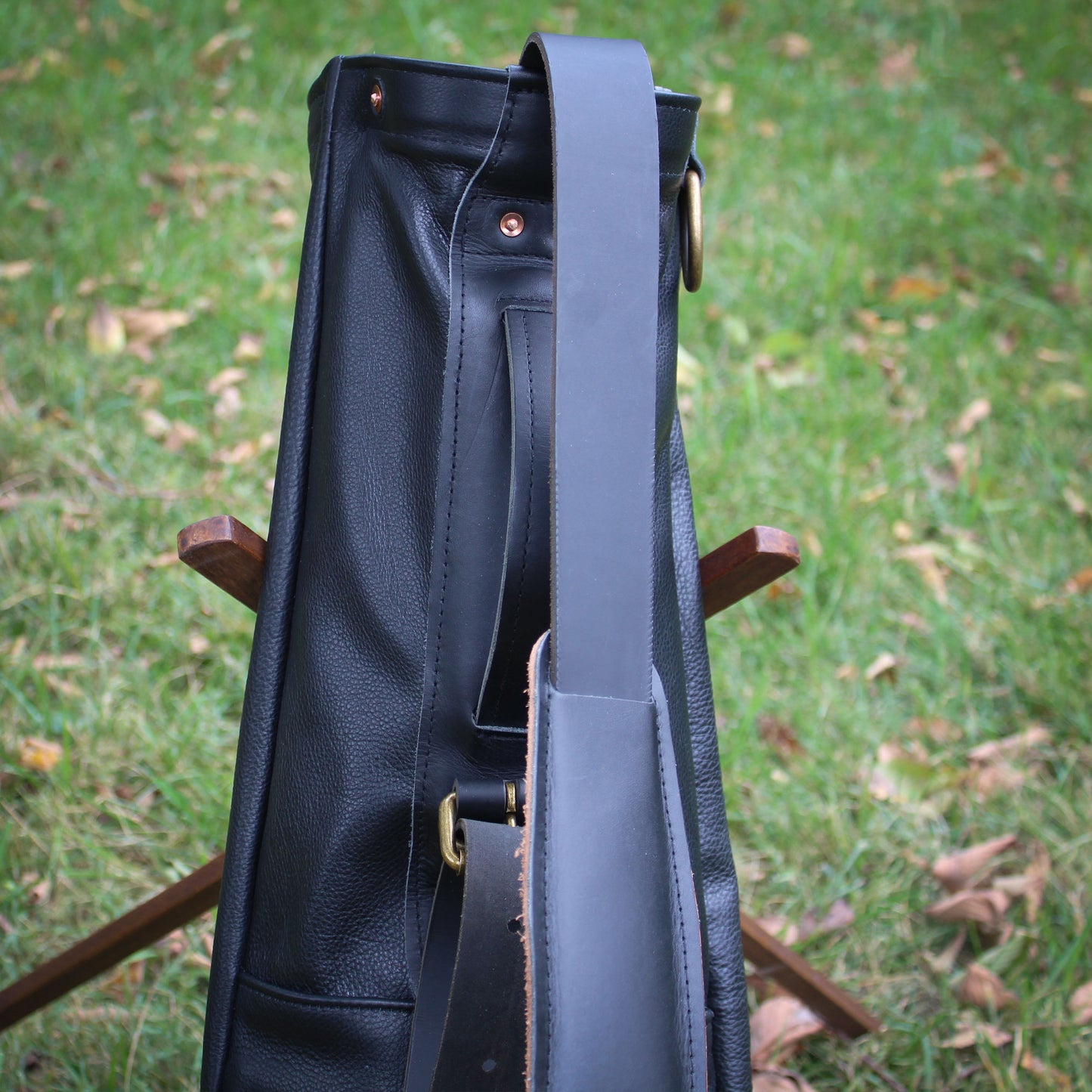 Black Bison Garment Leather, Black Leather Trim & Strap Sunday Golf Bag