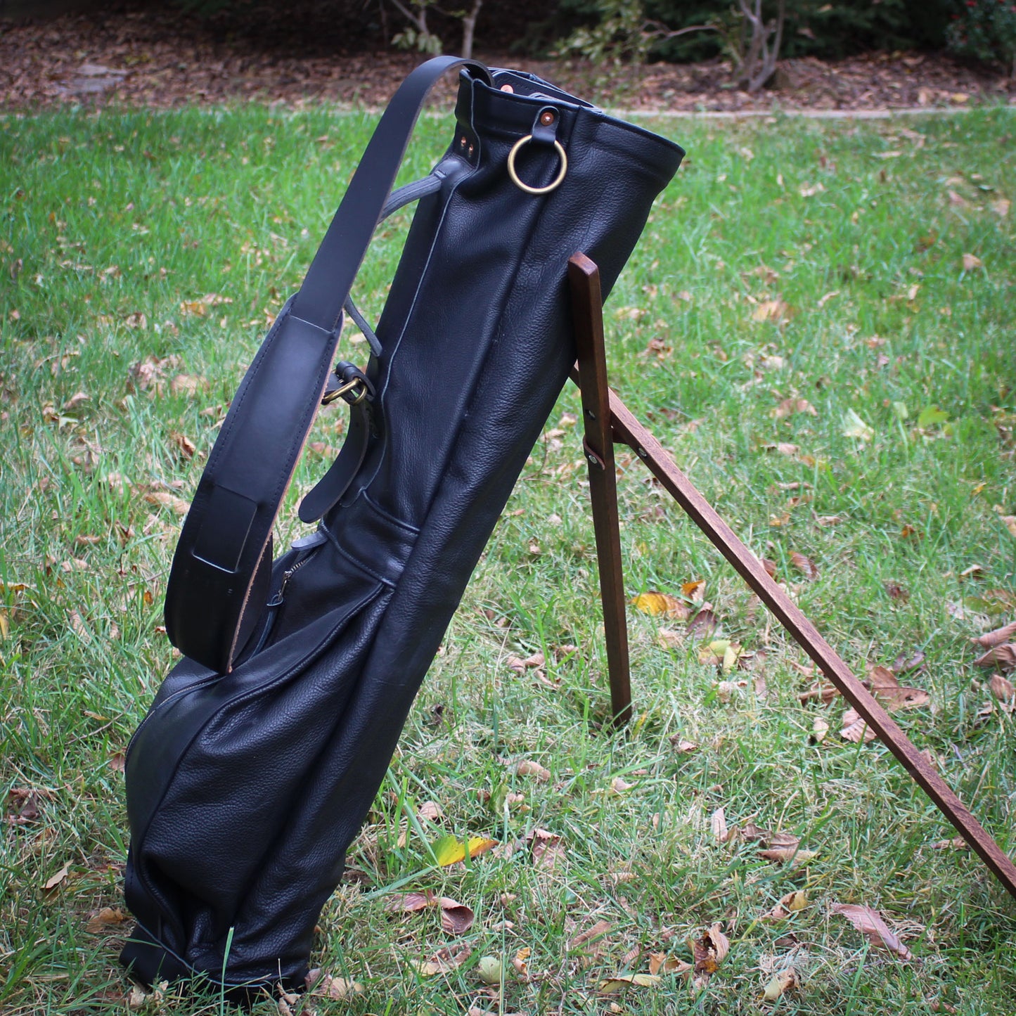 Black Bison Garment Leather, Black Leather Trim & Strap Sunday Golf Bag