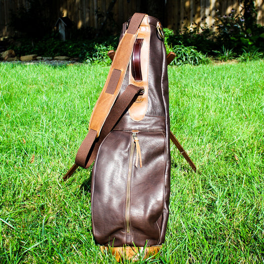 Chocolate Bison Garment Leather/Brown/English Tan Leather Trim Sunday Golf Bag