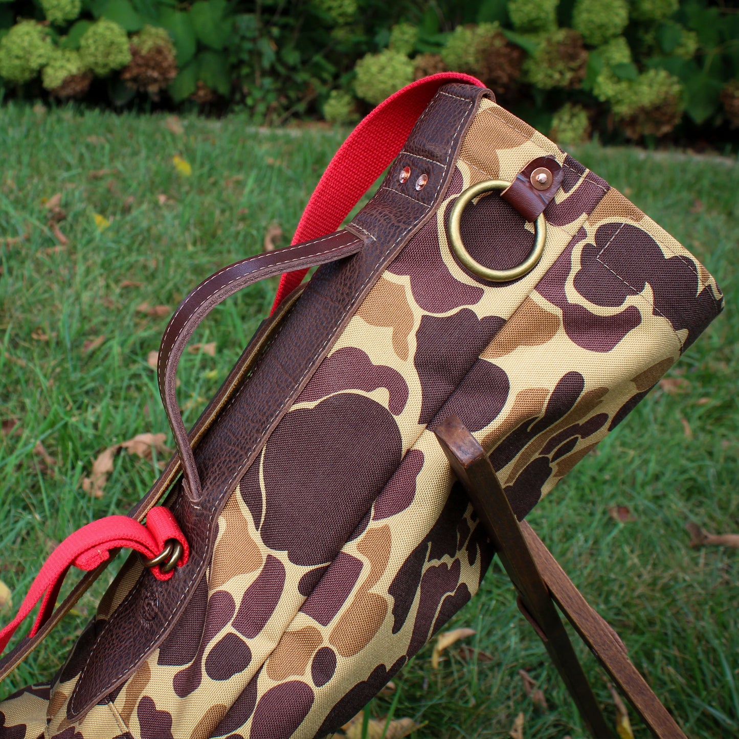 Duck Camo Cordura/Red/Bison Leather Trim Sunday Golf Bag