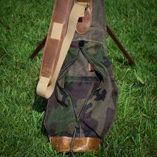 Load image into Gallery viewer, Field Tan Camo Waxed Duck/Tan/English Tan Leather Trim Sunday Golf Bag