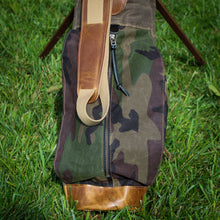 Load image into Gallery viewer, Field Tan Camo Waxed Duck/Tan/English Tan Leather Trim Sunday Golf Bag