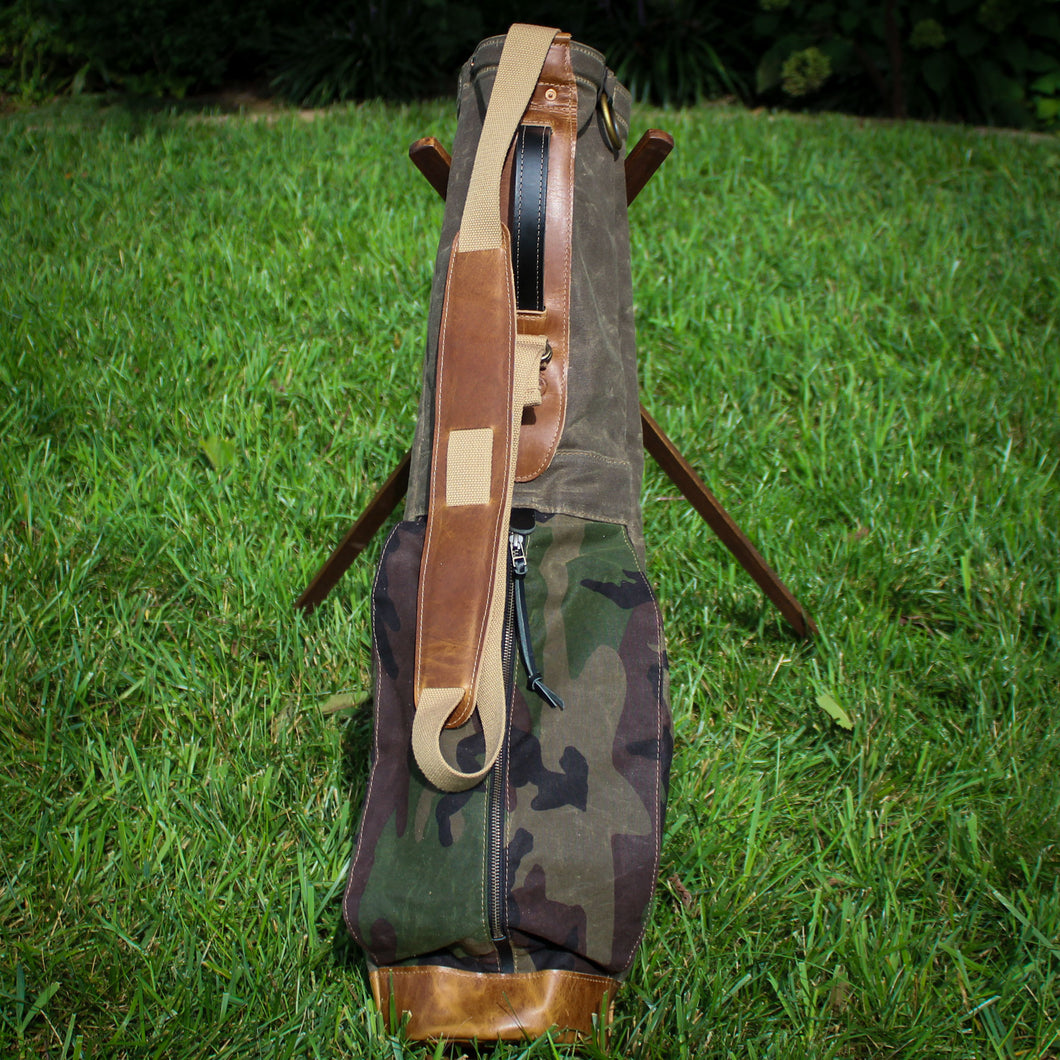 Field Tan Camo Waxed Duck/Tan/English Tan Leather Trim Sunday Golf Bag