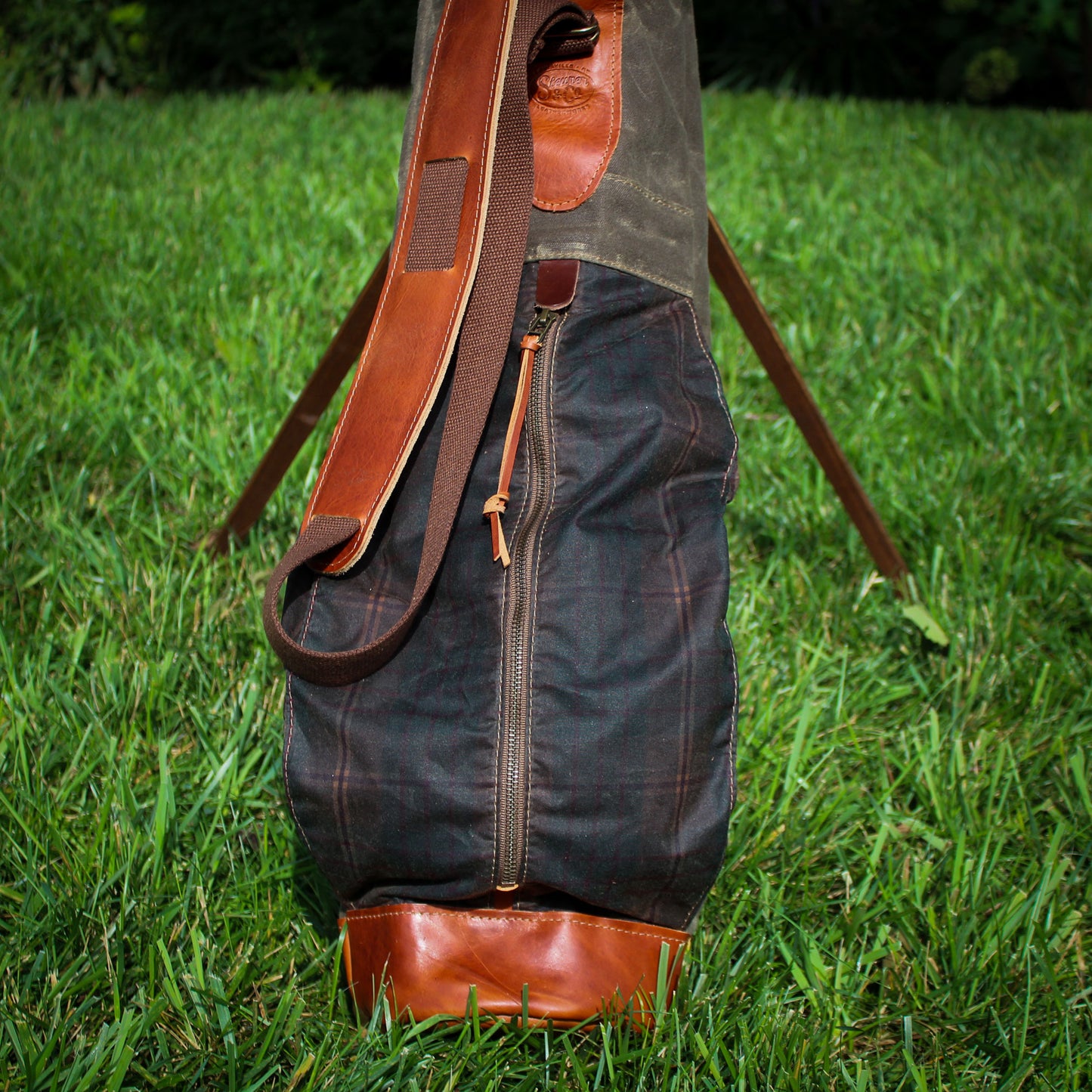 Field Tan Tartan Waxed Duck/Brown/Saddle Leather Trim Sunday Golf Bag