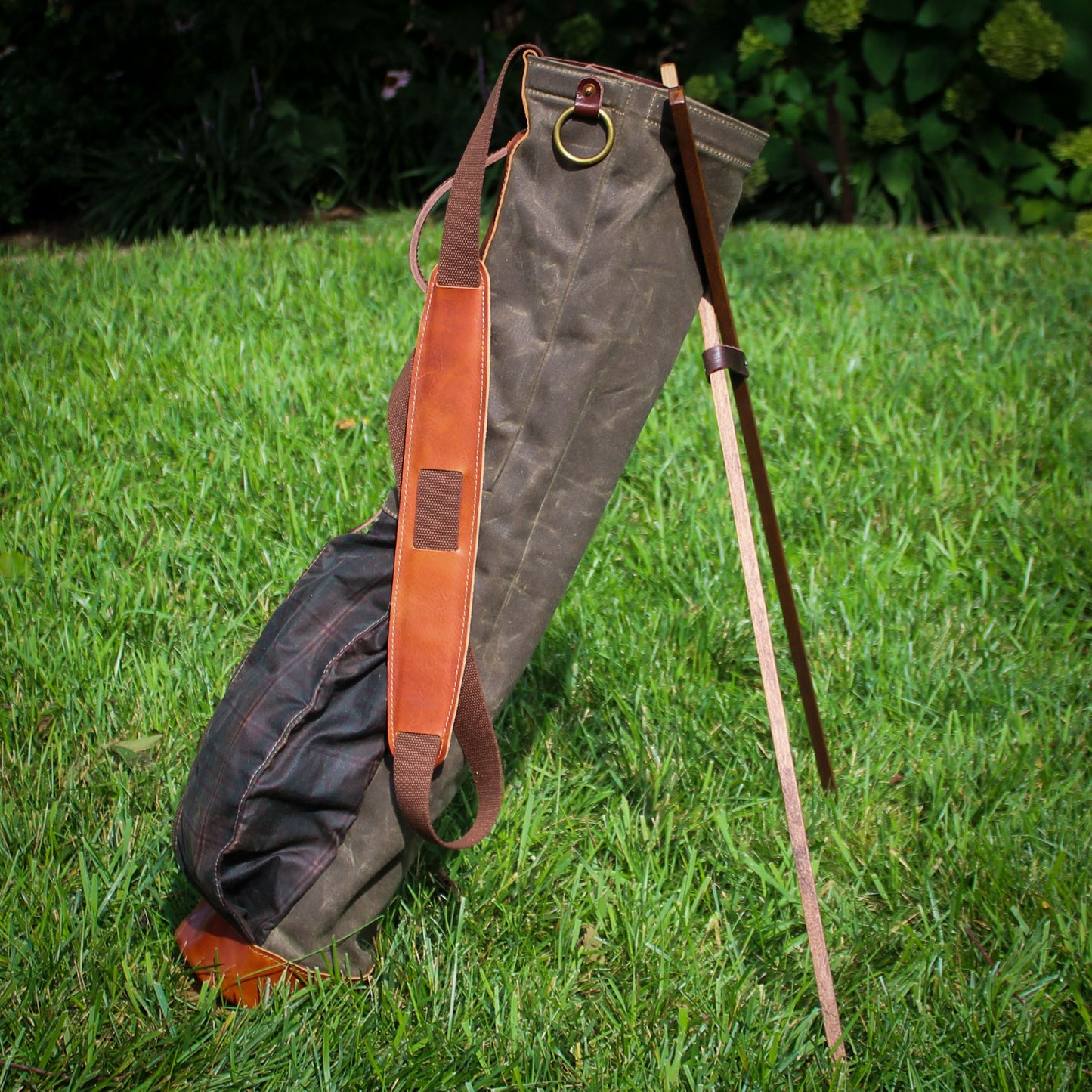 Field Tan Tartan Waxed Duck/Brown/Saddle Leather Trim Sunday Golf Bag