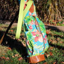 Load image into Gallery viewer, Lagoon Tropical Floral/Lime/Saddle Heritage Leather Trim Sunday Golf Bag