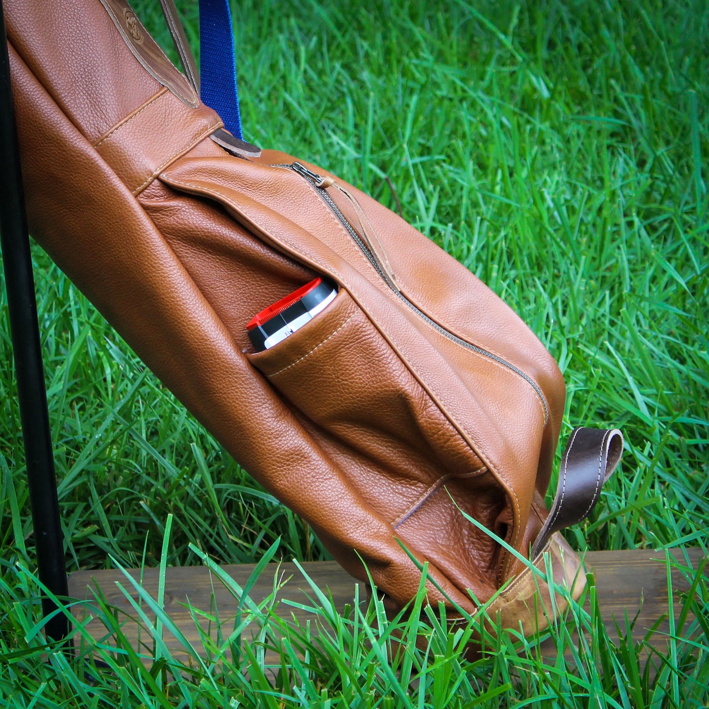 Natural Bison Garment Leather/Indigo/Saddle Heritage Leather Trim Sunday Golf Bag