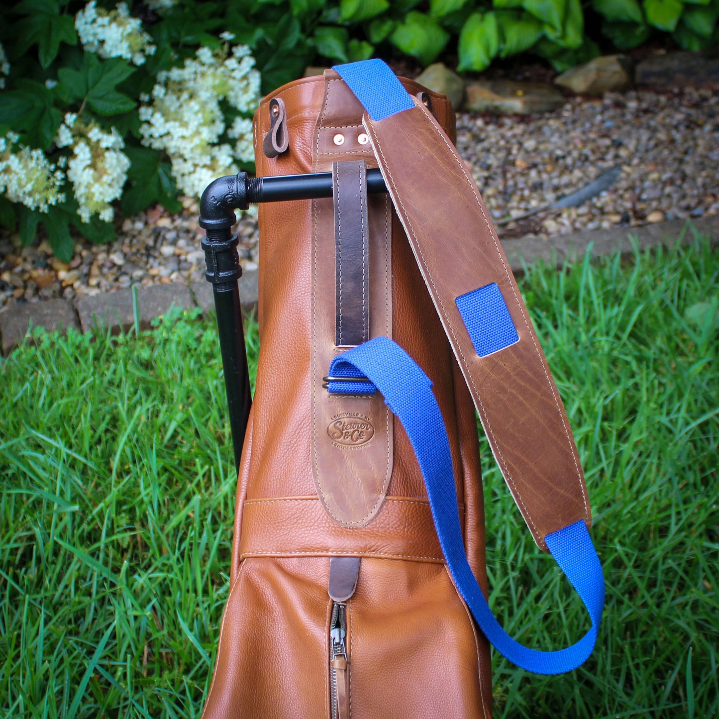 Natural Bison Garment Leather/Indigo/Saddle Heritage Leather Trim Sunday Golf Bag