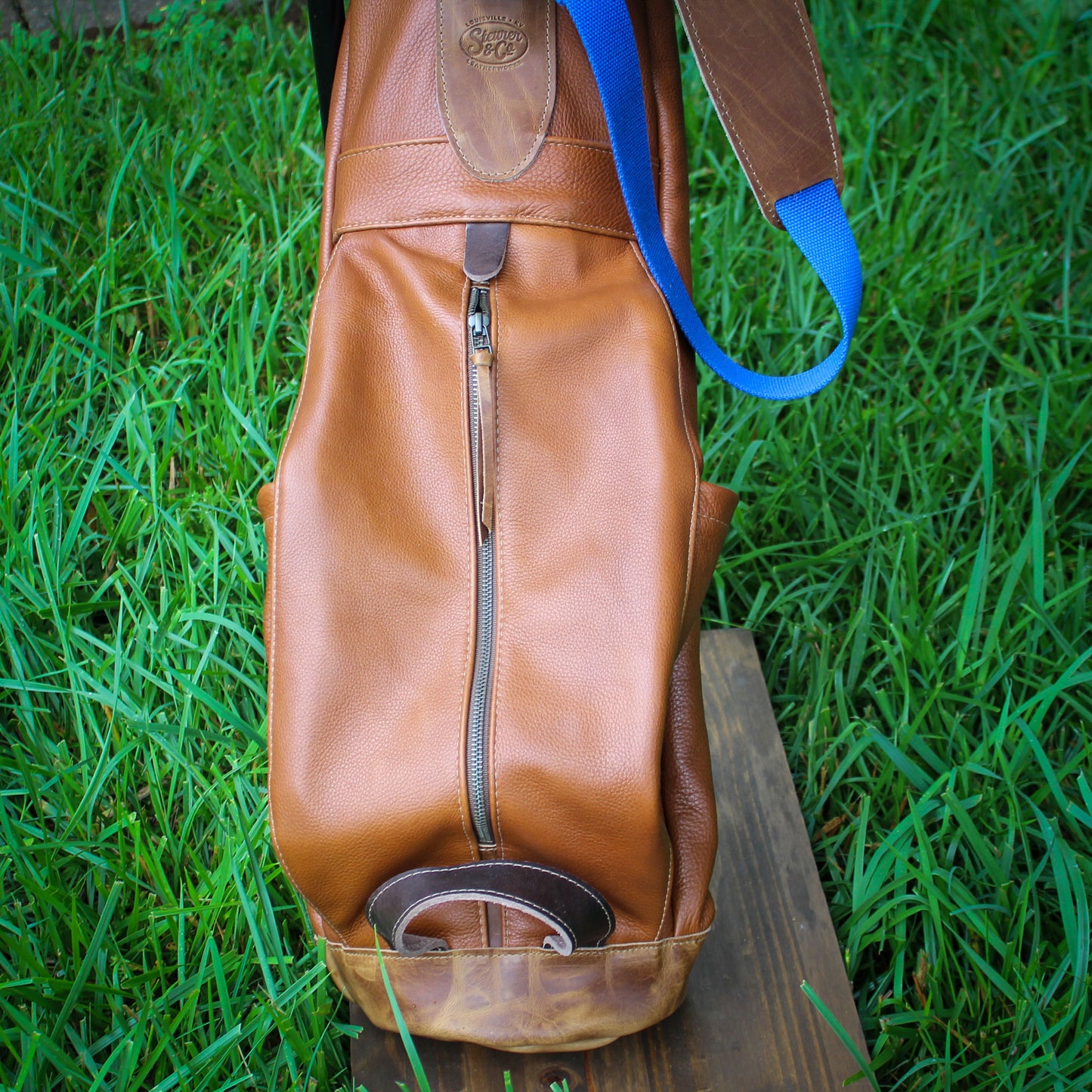 Natural Bison Garment Leather/Indigo/Saddle Heritage Leather Trim Sunday Golf Bag