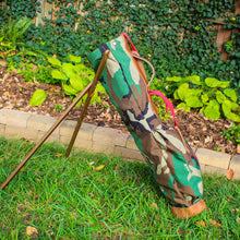 Load image into Gallery viewer, Woodland Camo Cordura/Red/Saddle Heritage Leather Trim Sunday Golf Bag
